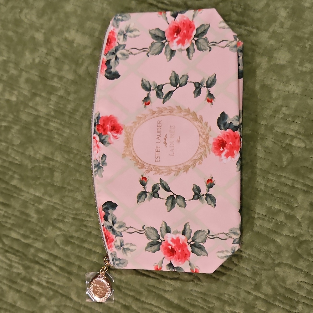 Estee Lauder Pink and Green Rose Cosmetic Make Up Bag Gold Hardware New 9x5"